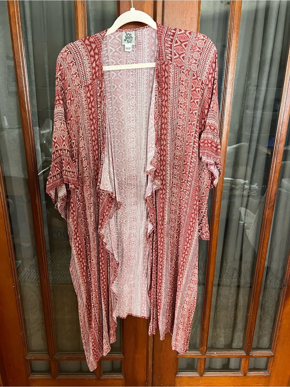 Ivy Jane Dark Red and Cream Tribal-Print Draped Kimono Duster Cover Up
